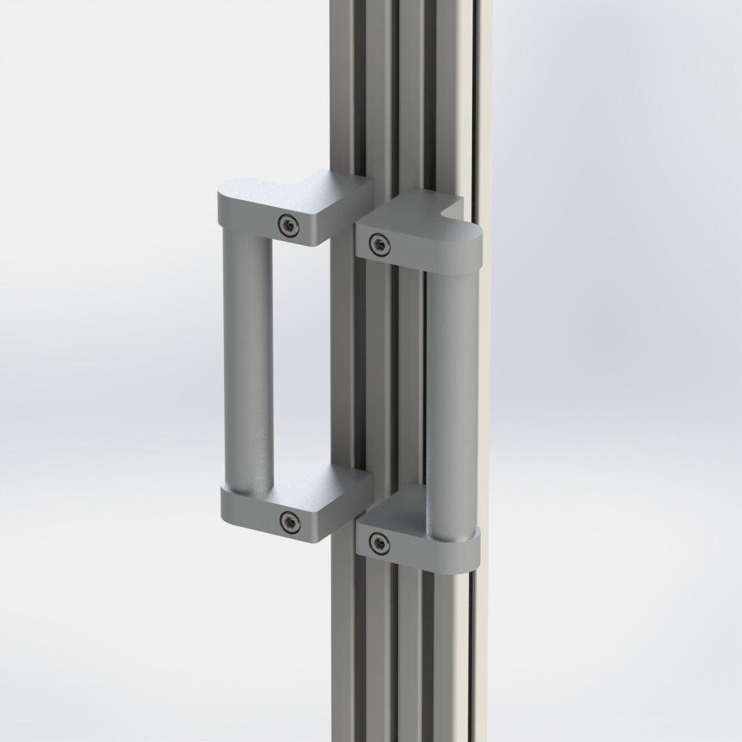 Installation example of an offset ergonomic handle mounted to double t-slot aluminum extrusion doors.