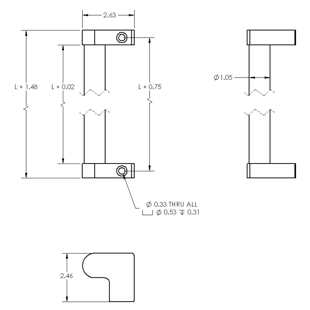 Dimensioned drawing of offset handle for aluminum extrusion.