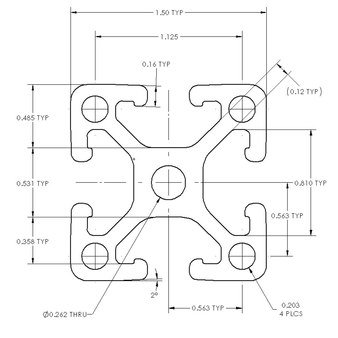 Dimensioned cross-sectional drawing of 1515 (1.5" x 1.5" aluminum t-slot extrusion.