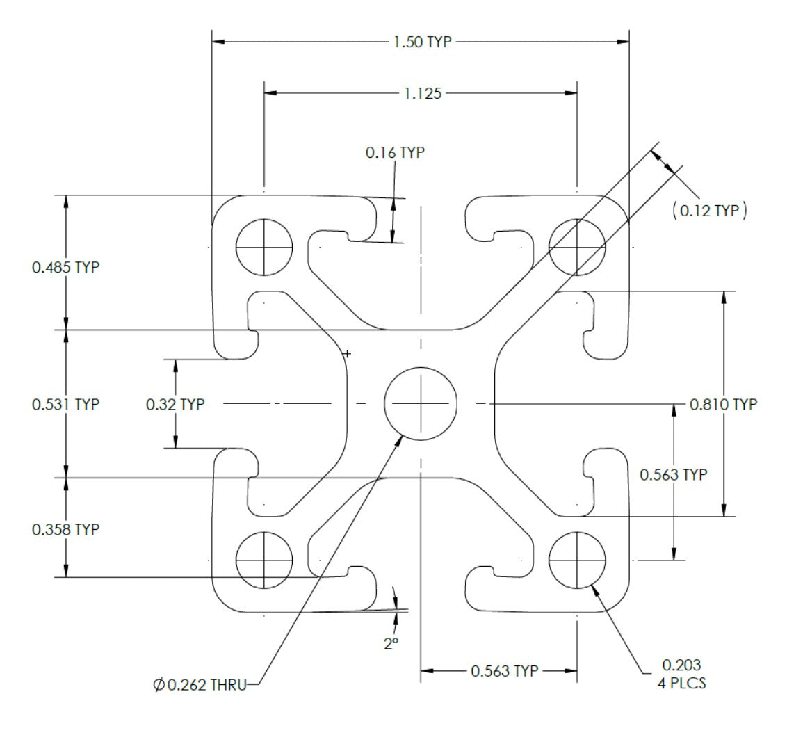 Dimensioned cross-sectional drawing of 1515 (1.5" x 1.5" aluminum t-slot extrusion.