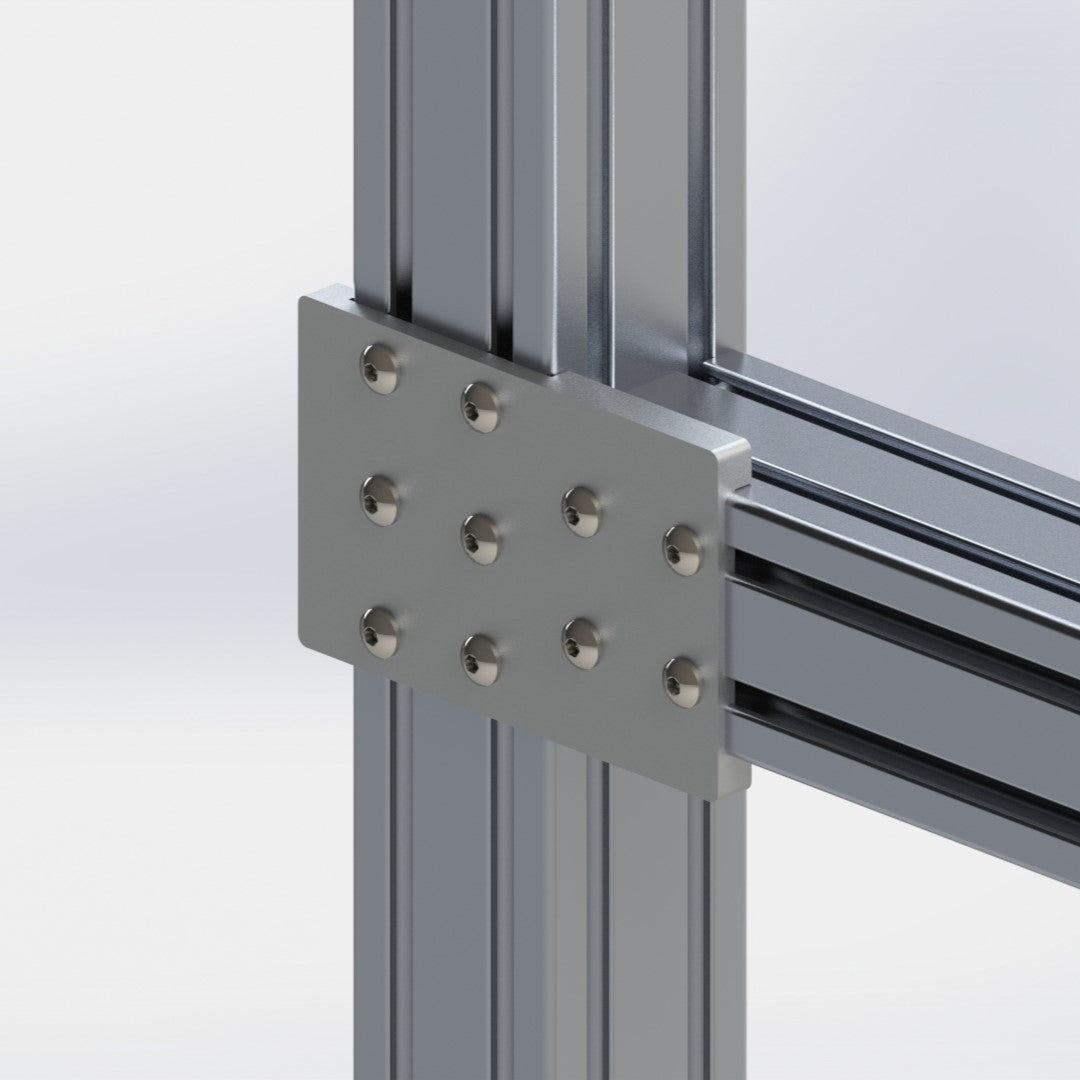 Example of using heavy duty tee plate to join 80/20's 3030 extrusion together. Unlike standard plates, the pockets on this heavy duty tee plate ensures your extrusion stays aligned at 90 degrees.