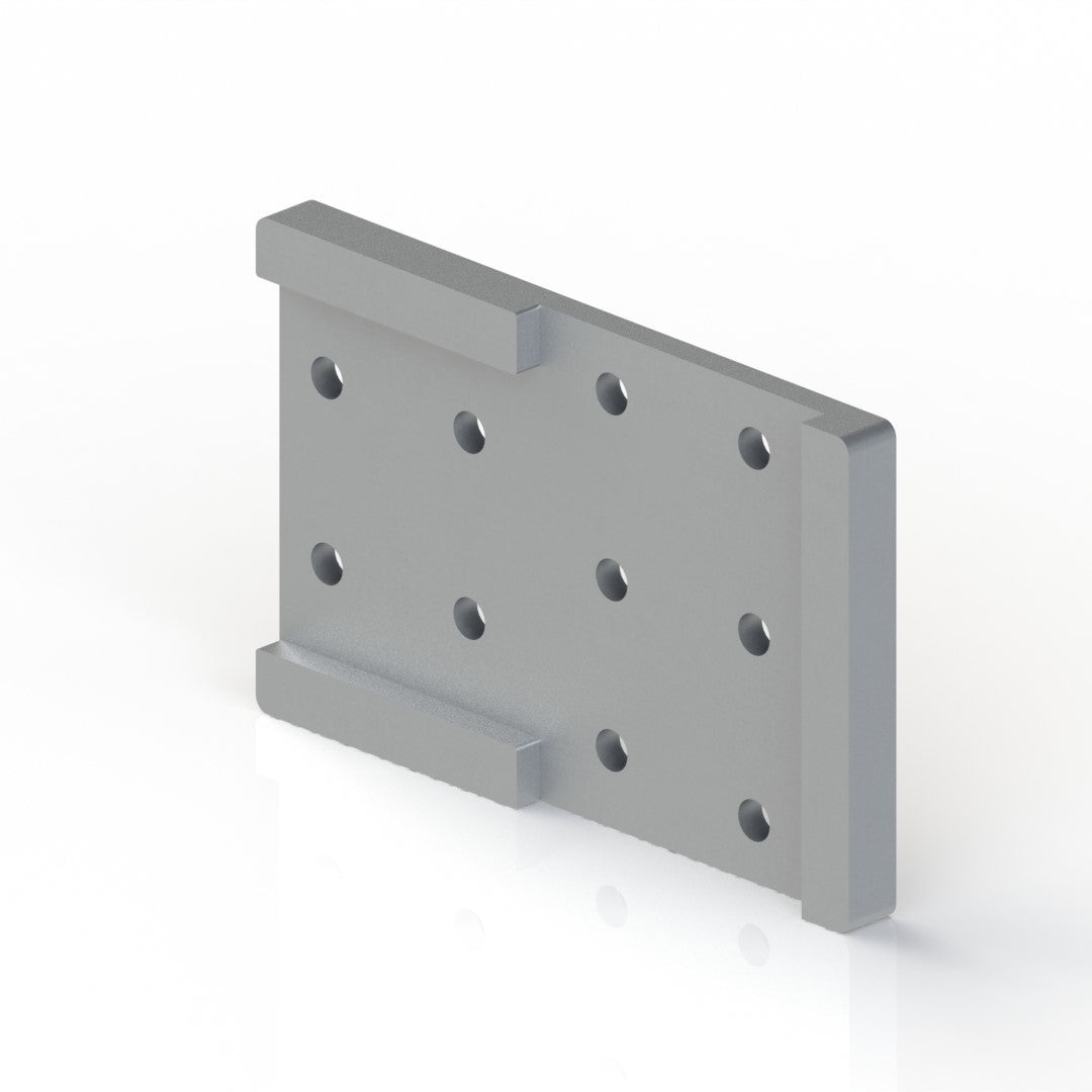 Tee bracket to join 3" wide aluminum extrusion at a 90 degree angle. Pockets ensure the exrtrusions stay aligned and perpendicular.