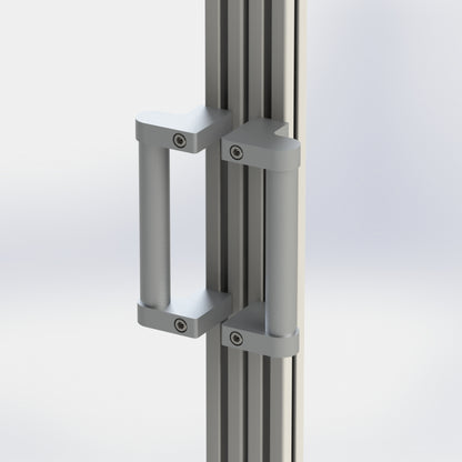 Installation example of an offset ergonomic handle mounted to double t-slot aluminum extrusion doors.