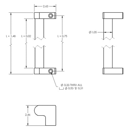 Dimensioned drawing of offset handle for aluminum extrusion.