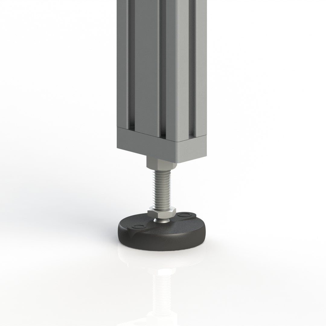 Levelling foot assembly with plate mounting installed on end of 1530 aluminum extrusion.