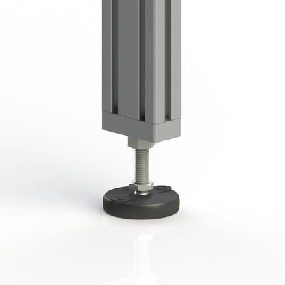 Levelling foot assembly with plate mounting installed on end of 1530 aluminum extrusion.