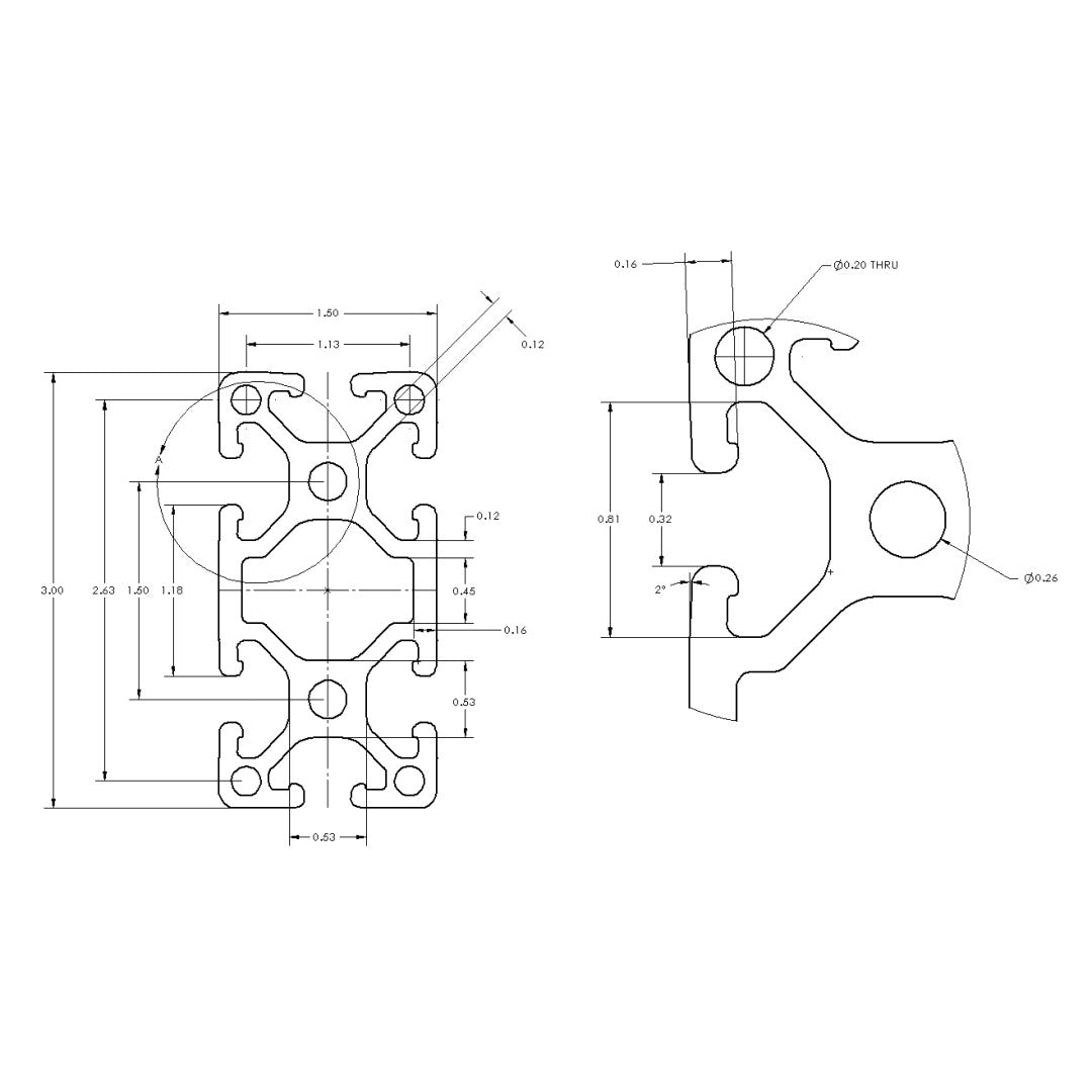 Dimensioned cross-sectional drawing of 1530 (1.5" x 3.0" aluminum t-slot extrusion.