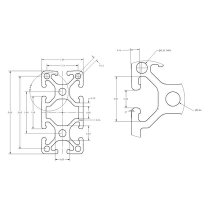 Dimensioned cross-sectional drawing of 1530 (1.5" x 3.0" aluminum t-slot extrusion.