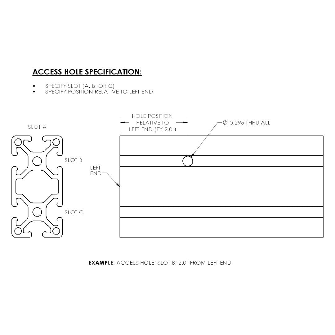 Diagram demonstrating how to specify an access hole in 1530 aluminum extrusion (1.5" X 3.0").
