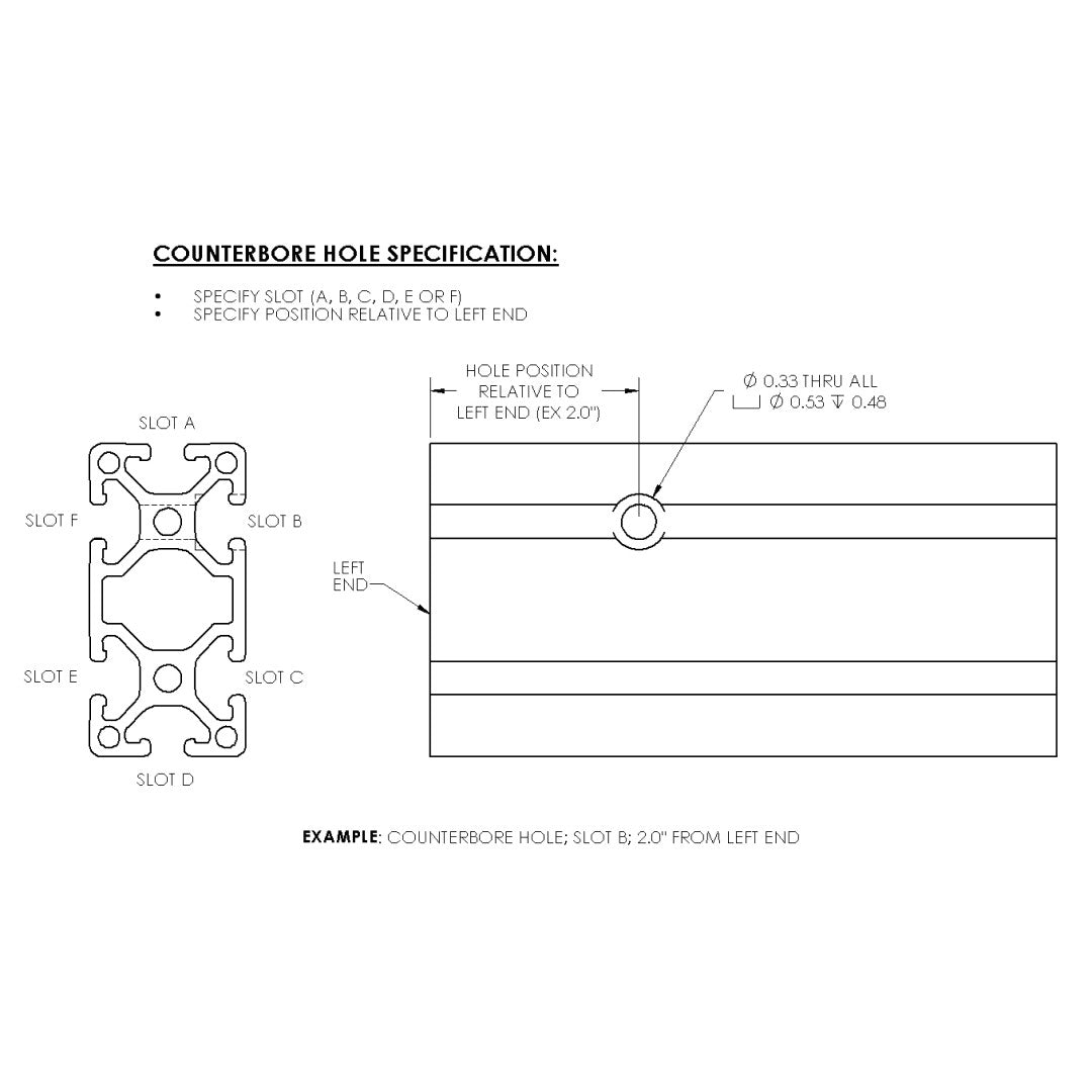 Diagram of counterbored hole spec as a machine option in 1530 aluminum t-slot extrusion (1.5" x 3.0").