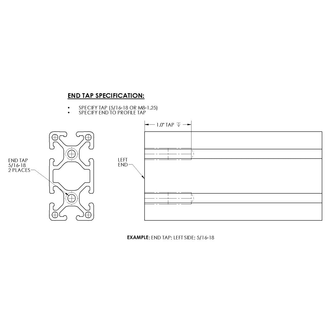 Diagram of how to specify an end profile tap process for T-Slot 1530(1.5" x 3.0") aluminum extrusion.