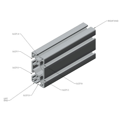 T-Slot 1530 (1.5" x 3.0") aluminum extrusion with labelled slots and ends.