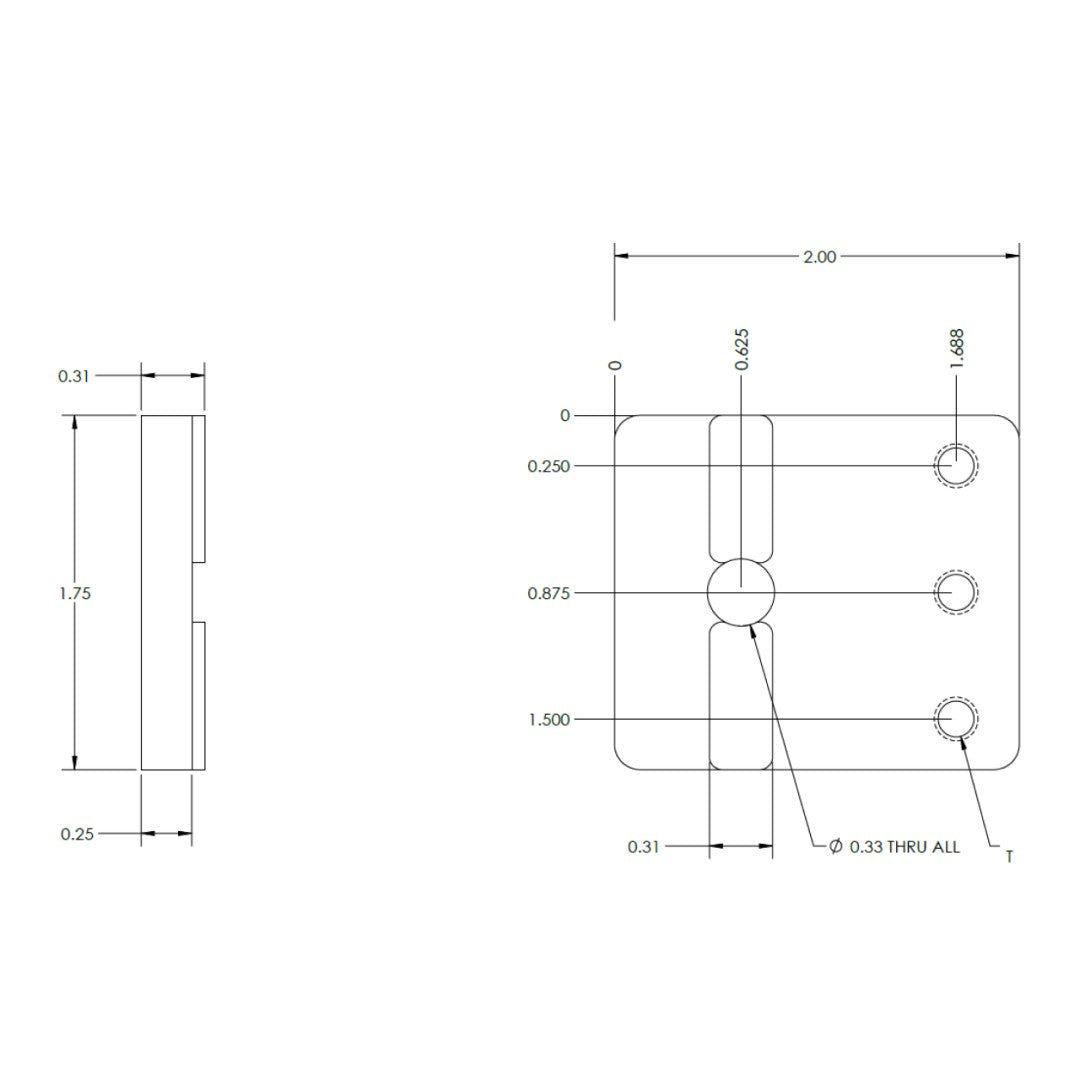 Dimensioned drawing of the 1U 19-inch rack mounting plate showing hole spacing and keyhole rack slot