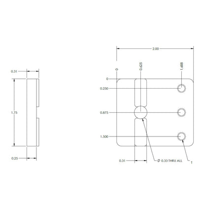 Dimensioned drawing of the 1U 19-inch rack mounting plate showing hole spacing and keyhole rack slot